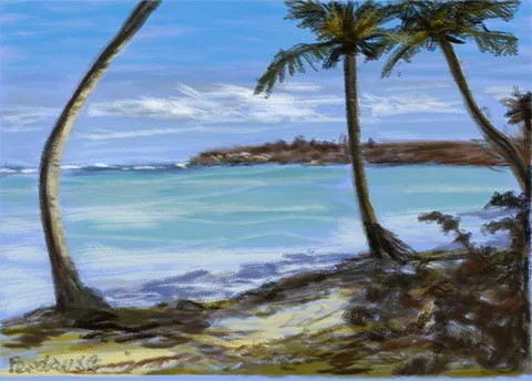 A beach scene painted on the Galaxy Note using Paintology and the ‘mist’ brush tool