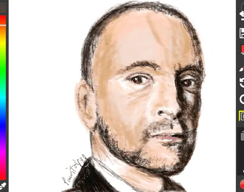 A portrait drawing of Derren Brown, the celebrity mentalist, illusionist