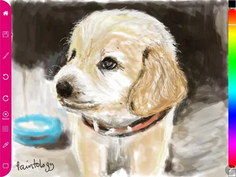 Draw a puppy using the Paintology brush tools charcoal and line.